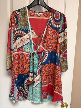 CAbi Patchwork Paisley Tie-Front Tunic in Red, Orange, Teal, Navy & Cream